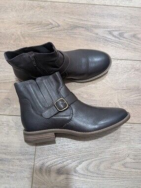 Clarks Black Leather Ankle Boots with Buckle Accent